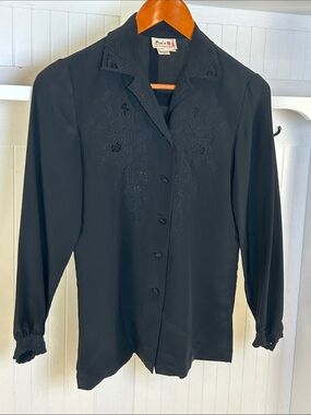 Vintage Lim’s Black Silk Embroidered Blouse Romantic